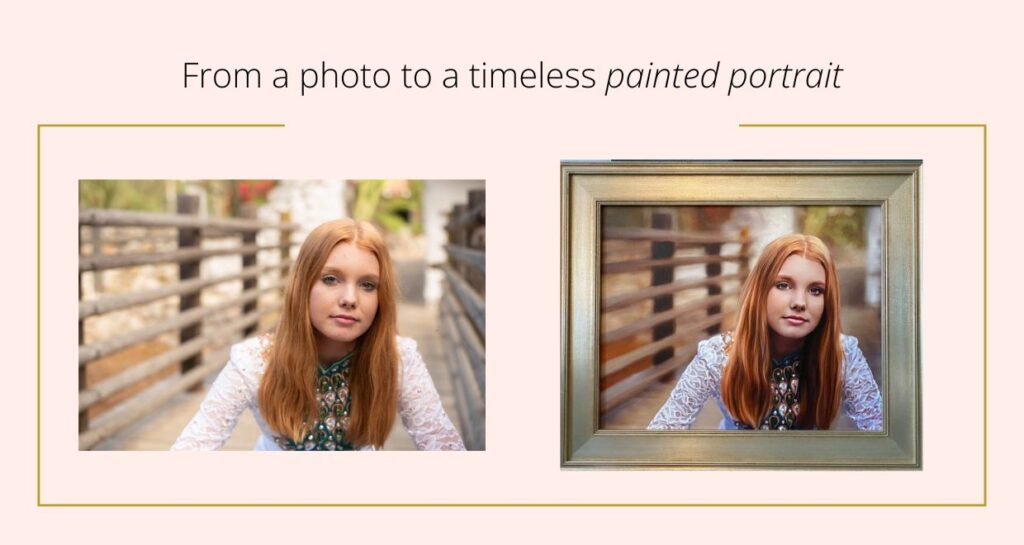 A graphic shows the transformation from senior photo to a painted portrait. Painted portraits are framed canvas photos that have been digitally painted by hand to resemble a painting.