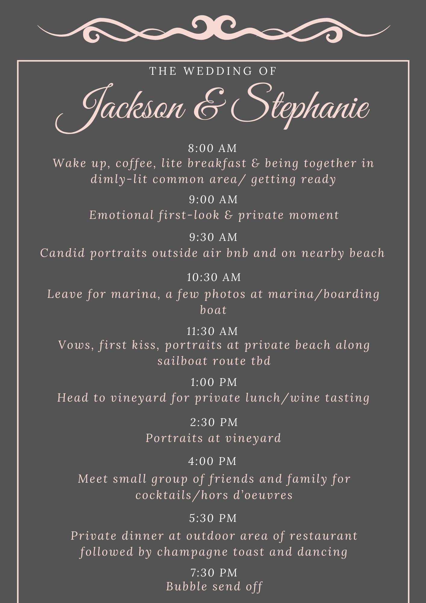 Elopement Timeline Planner sample elopement day itinerary